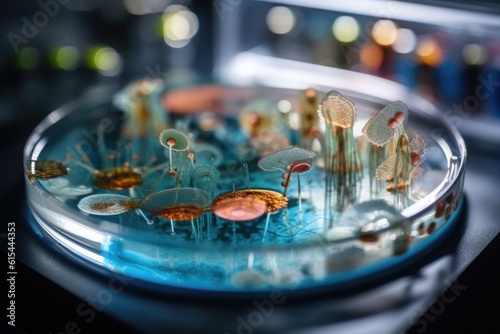 Photo petri dish with growth of bacteria, microorganisms or fungi growing in artificia