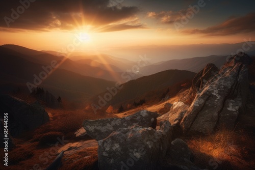 mountaintop with view of the sun setting over a distant mountain range  created with generative ai