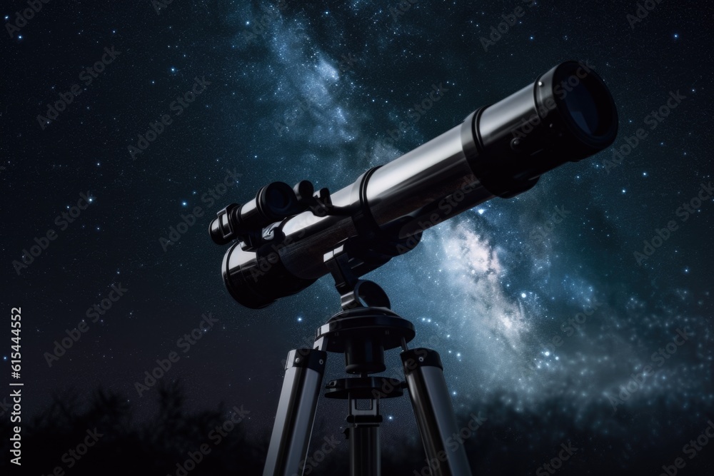 Fototapeta premium stargazer, looking through telescope into the night sky, with stars and moon shining in the background, created with generative ai