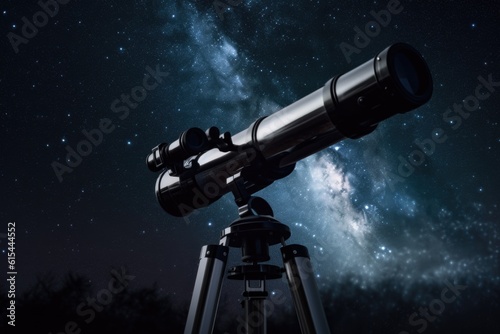 stargazer, looking through telescope into the night sky, with stars and moon shining in the background, created with generative ai