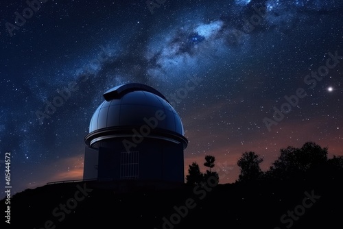 view of observatory with telescope and dome visible in the night sky, created with generative ai