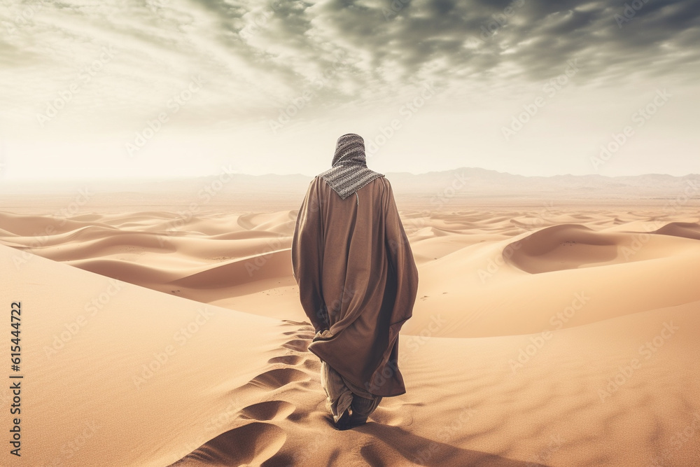 The solitude and beauty of the Sahara desert as a lone Arab figure gracefully traverses the vast sandy landscapes, dressed in traditional attire. Ai generated The solitude and beauty of the Sahara desert as a lone Arab figure gracefully traverses the vast sandy landscapes, dressed in traditional attire. Ai generated