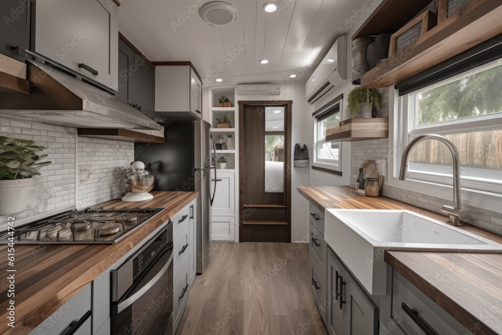 luxury tiny house with modern interior and amenities, including stainless steel appliances and marble countertops, created with generative ai luxury tiny house with modern interior and amenities, including stainless steel appliances and marble countertops, created with generative ai