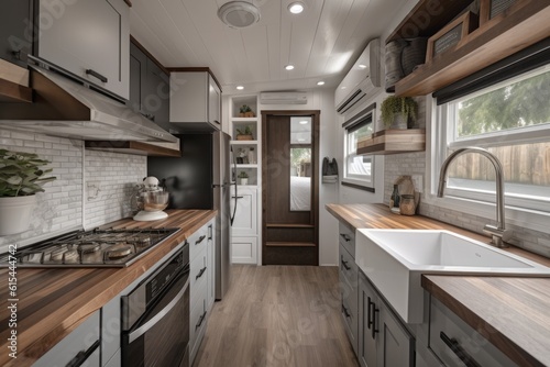 luxury tiny house with modern interior and amenities, including stainless steel appliances and marble countertops, created with generative ai