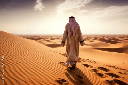 The solitude and beauty of the Sahara desert as a lone Arab figure gracefully traverses the vast sandy landscapes  dressed in traditional attire. Ai generated