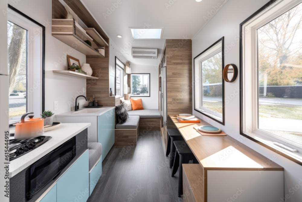 tiny home with modern interior and sleek design, featuring minimalist furniture and pops of color, created with generative ai