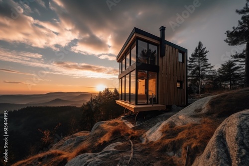 tiny house perched atop a mountain, surrounded by breathtaking scenery, created with generative ai