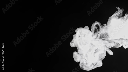 White Steam Smoke Flying Over Black Background, Smog Evaporated, Slow Motion
 photo