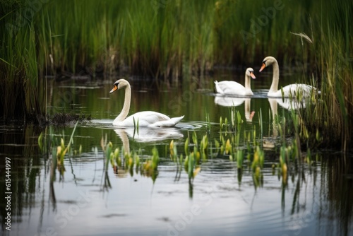 swans swimming in calm lake surrounded by wetlands and marshes, created with generative ai