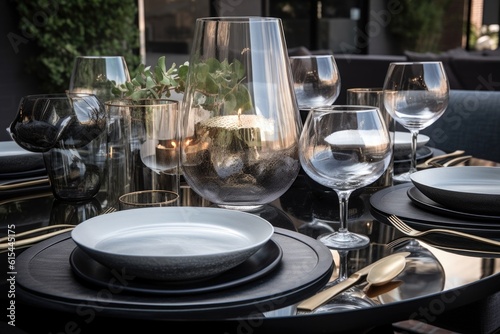 modern outdoor table setting with sleek glass and metallic accents, created with generative ai