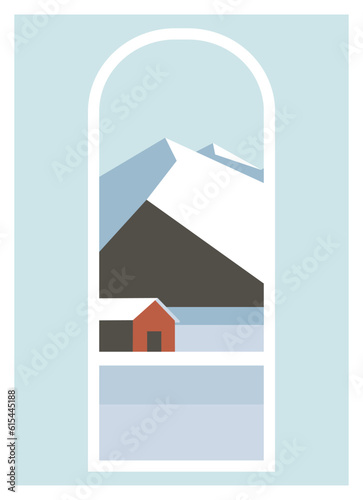 Nordic landscape and village view illustration print. Winter poster