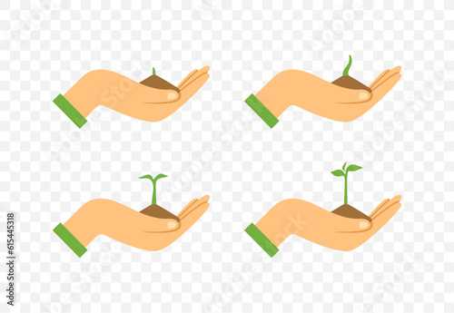 Hand holding a handful of ground with sprout, concept of saving the earth vector design. Environment eco concept icons set