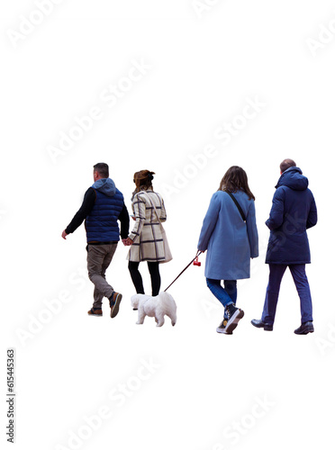 Wallpaper Mural Groupe de quatre jeunes personnes se promenant avec un chien.