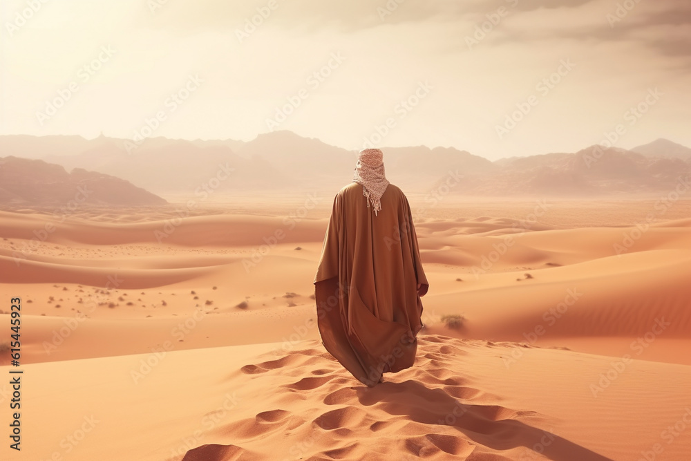 The solitude and beauty of the Sahara desert as a lone Arab figure gracefully traverses the vast sandy landscapes, dressed in traditional attire. Ai generated The solitude and beauty of the Sahara desert as a lone Arab figure gracefully traverses the vast sandy landscapes, dressed in traditional attire. Ai generated