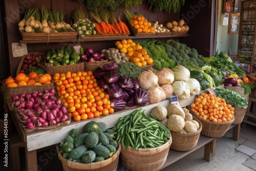 vegetable stand with variety of fruits and vegetables on display, created with generative ai