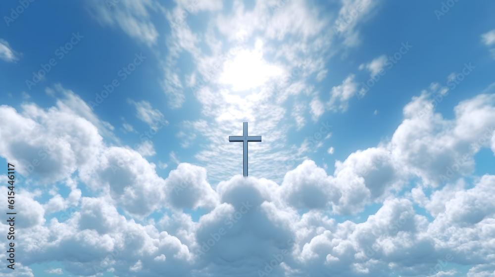 Christian cross above the cloud in haven created with Generative AI