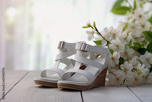 Luxury glamour woman`s sandals. Super photo realistic background, generative ai illustration.