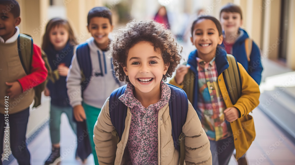 Multi-ethnic group of children on their way to school. Generative AI Multi-ethnic group of children on their way to school. Generative AI
