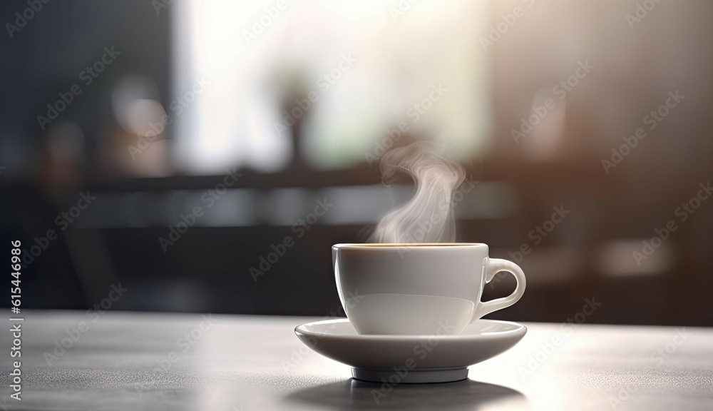 Morning Close-up of Steamy Cup for Breakfast Coffee with Smoke on Table blur Background Morning Close-up of Steamy Cup for Breakfast Coffee with Smoke on Table blur Background