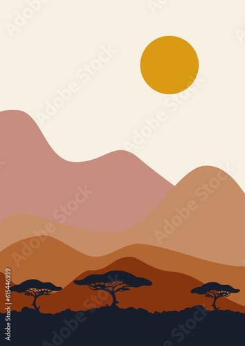 Savannah landscape, wild nature of Africa illustration poster.