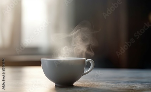 Morning Close-up of Steamy Cup for Breakfast Coffee with Smoke on Table blur Background