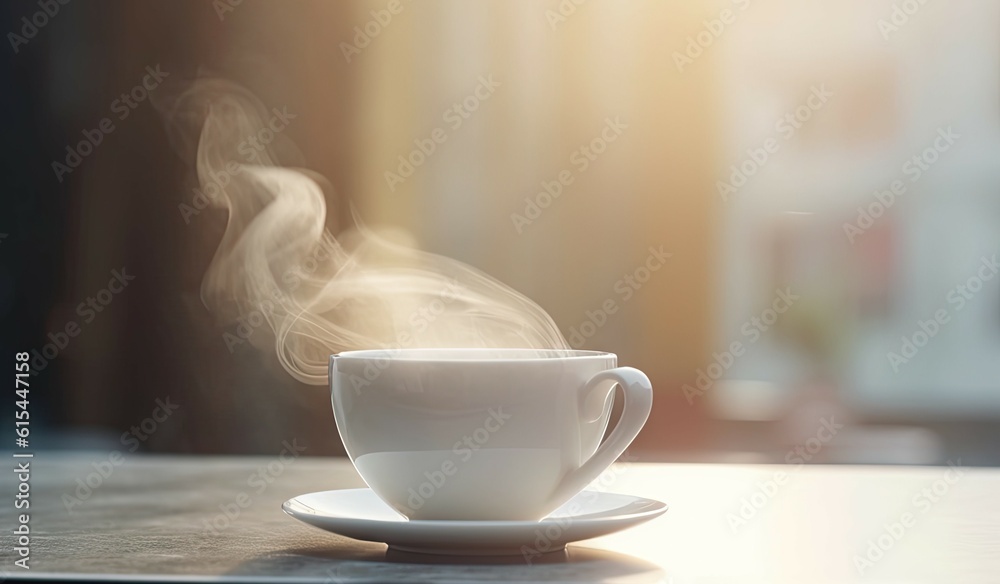 Morning Close-up of Steamy Cup for Breakfast Coffee with Smoke on Table blur Background Morning Close-up of Steamy Cup for Breakfast Coffee with Smoke on Table blur Background