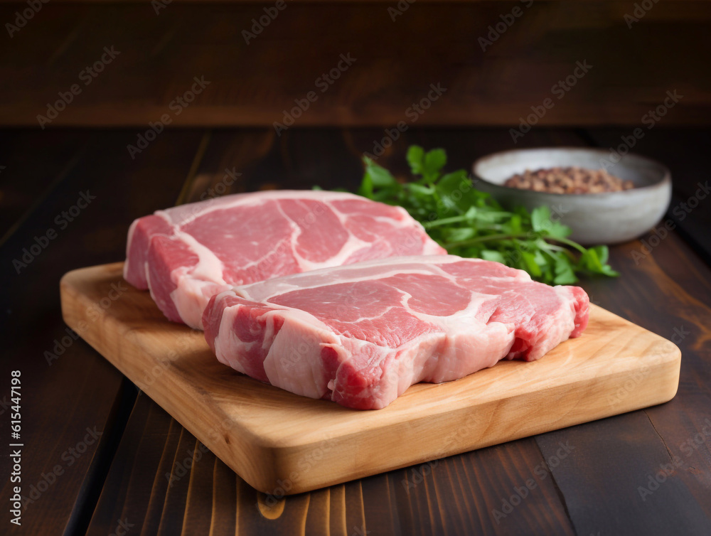 raw pork on cutting board with spices. Generative AI raw pork on cutting board with spices. Generative AI