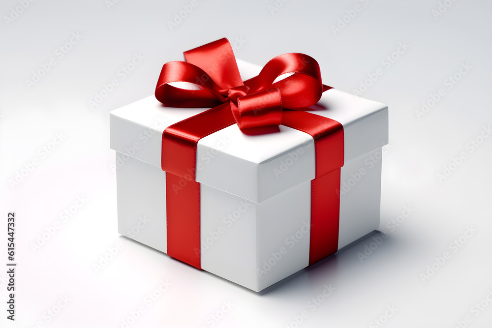 a white gift box with red ribbon and bow on wite background, Generative AI