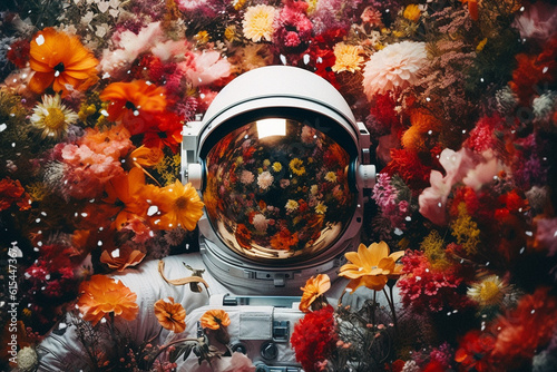 An astronaut with a helmet immersed in a breathtaking field of vibrant and colorful flowers. Ai generated