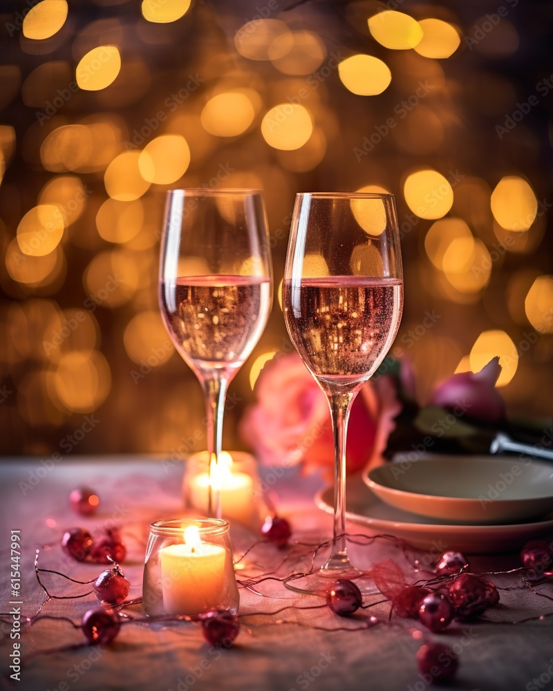 Glass of champagne with creamy bokeh background. Romantic scene. Ai generative Art. Glass of champagne with creamy bokeh background. Romantic scene. Ai generative Art.