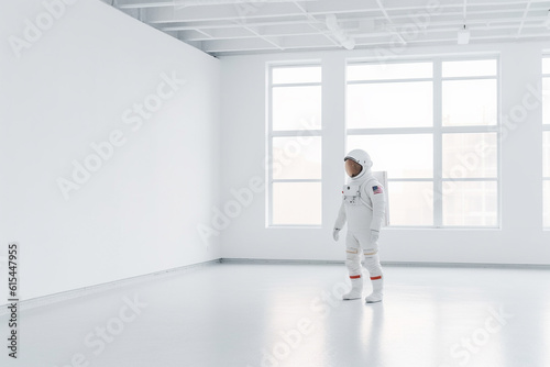Encounter an intriguing sight of an astronaut standing poised within a pristine white room, evoking a sense of exploration and wonder. Ai generated © dragomirescu