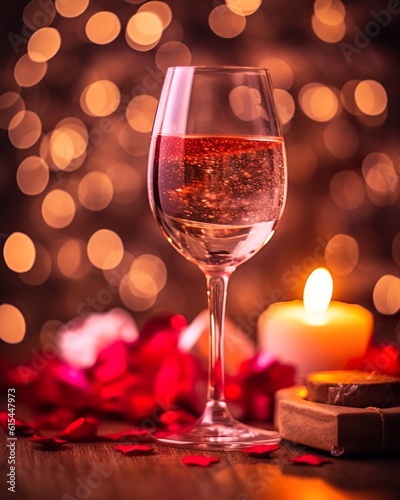 Glass of champagne with creamy bokeh background. Romantic scene. Ai generative Art. 