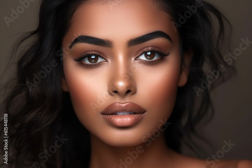 A close - up photo of an alluring young female influencer model with flawless makeup and a glamorous lifestyle. Generative AI