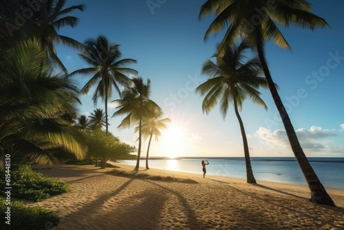 Summer landscape, palm trees and blue calm sea. Generative AI © YouraPechkin