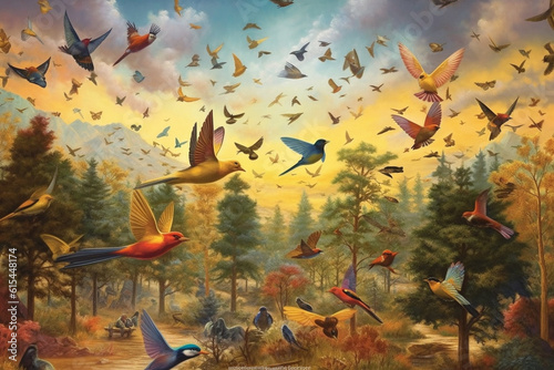 Many birds flying in the background of the forest in the fall