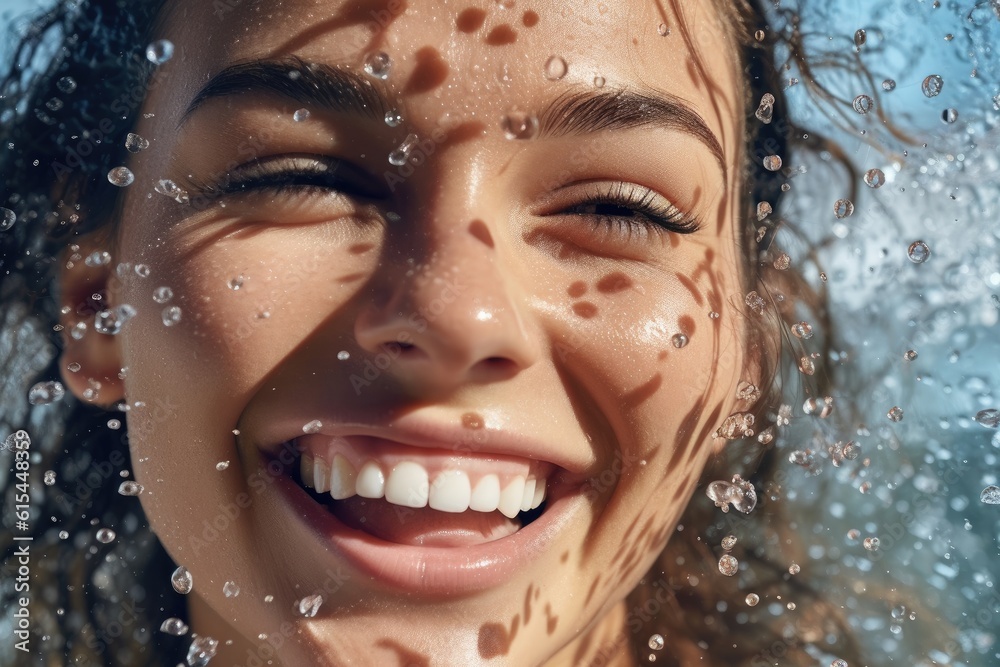 A close - up photo of a happy woman model with water splashes, emphasizing the concept of skincare hydration and beauty. Generative AI