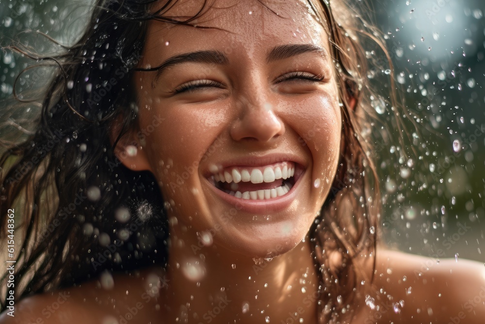 Obraz premium A close - up photo of a happy woman model with water splashes, emphasizing the concept of skincare hydration and beauty. Generative AI