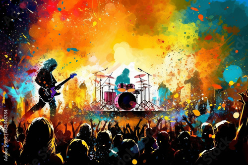 illustration of famous musicians performing on stage during a concert
