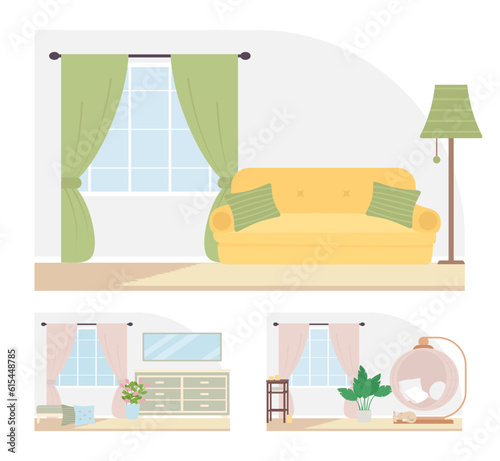 Comfortable home decor flat color vector illustration set.
