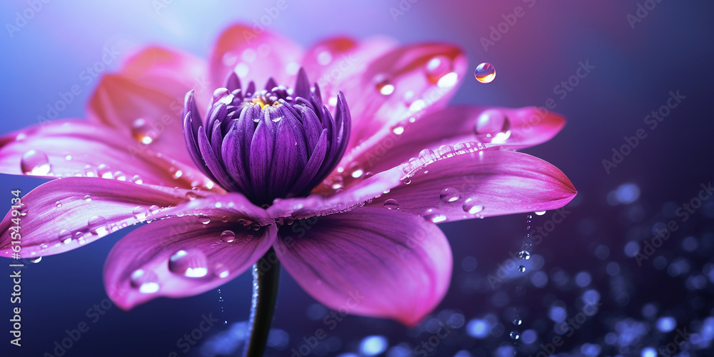 Schöne lila farbige Blume mit Wassertropfen blüht geöffnet Nahaufnahme für Poster und als Hintergrundmotiv, ai generativ Schöne lila farbige Blume mit Wassertropfen blüht geöffnet Nahaufnahme für Poster und als Hintergrundmotiv, ai generativ