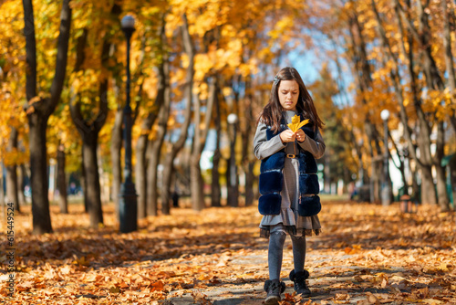 the girl is walking in the autumn city park  she is happy and enjoys the beautiful nature  holding yellow maple leaves in her hands  a bright sunny day