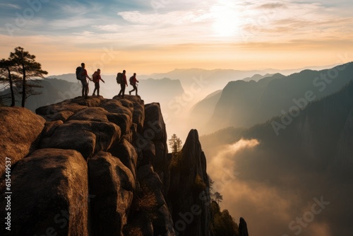 A team of climbers at the top of a high mountain in the light of the setting sun.