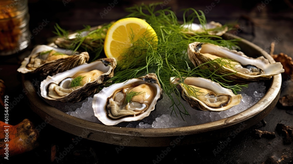 A platter of fresh oysters on the half-shell, displayed on a bed of seaweed. Generative AI.