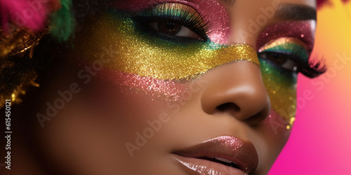 H  bsche Afroamerikanische Frau mit Gold geschminktem Gesicht blickt in die Kamera Nahaufnahme  ai generativ