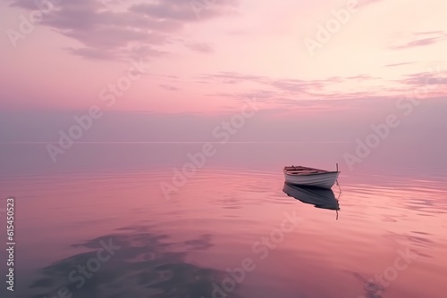 Solitude's Serenade: Dawn on the Sea with a Gentle Romantic Boat, dawn, sea, lonely boat, gentle, romantic, serenade, solitude, tranquil, calm, peaceful, morning, ocean, water,