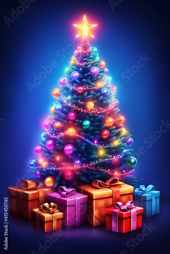 Beautiful glowing Christmas tree with gifts