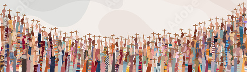 Group of multicultural christian people hands raised holding a wooden crucifix. Christian worship.Praying or singing.Concept of faith and hope in Jesus Christ.Copy space template. Church