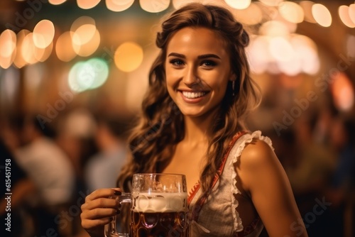 A close - up photo of a joyful young woman wearing a traditional Oktoberfest dirndl. Generative AI