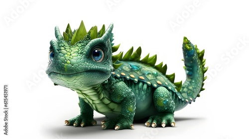 Cute Baby Green Dragon Sitting isolated on white. Generative AI