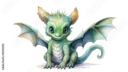 Cute Baby Green Dragon Sitting isolated on white. Generative AI